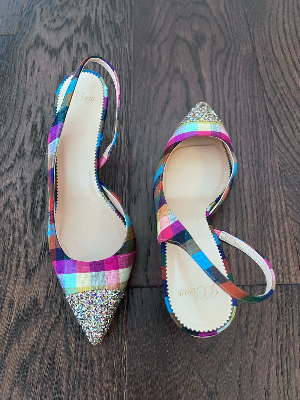 J. Crew Plaid d’Orsay Slingback Heels Glitter Toe Size 7